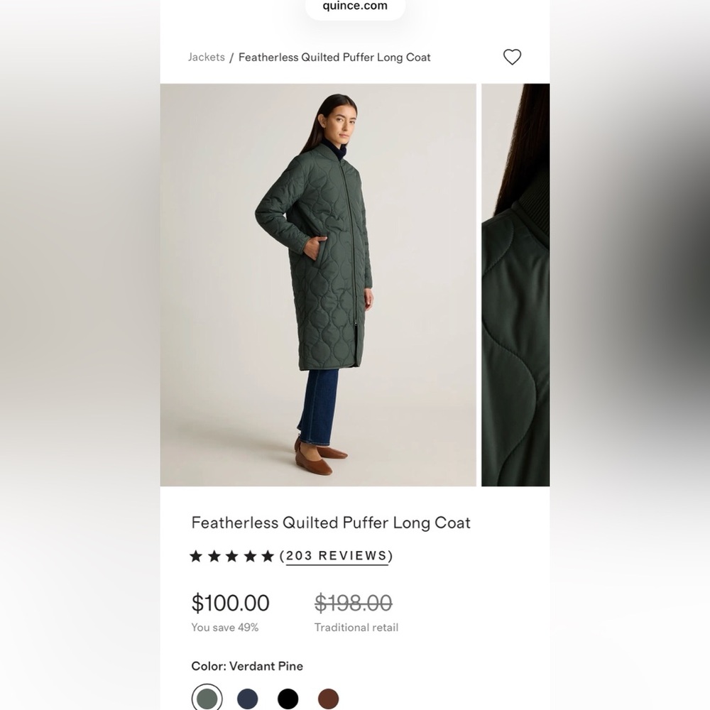 Quince Quilted Puffer Coat - Dark Green